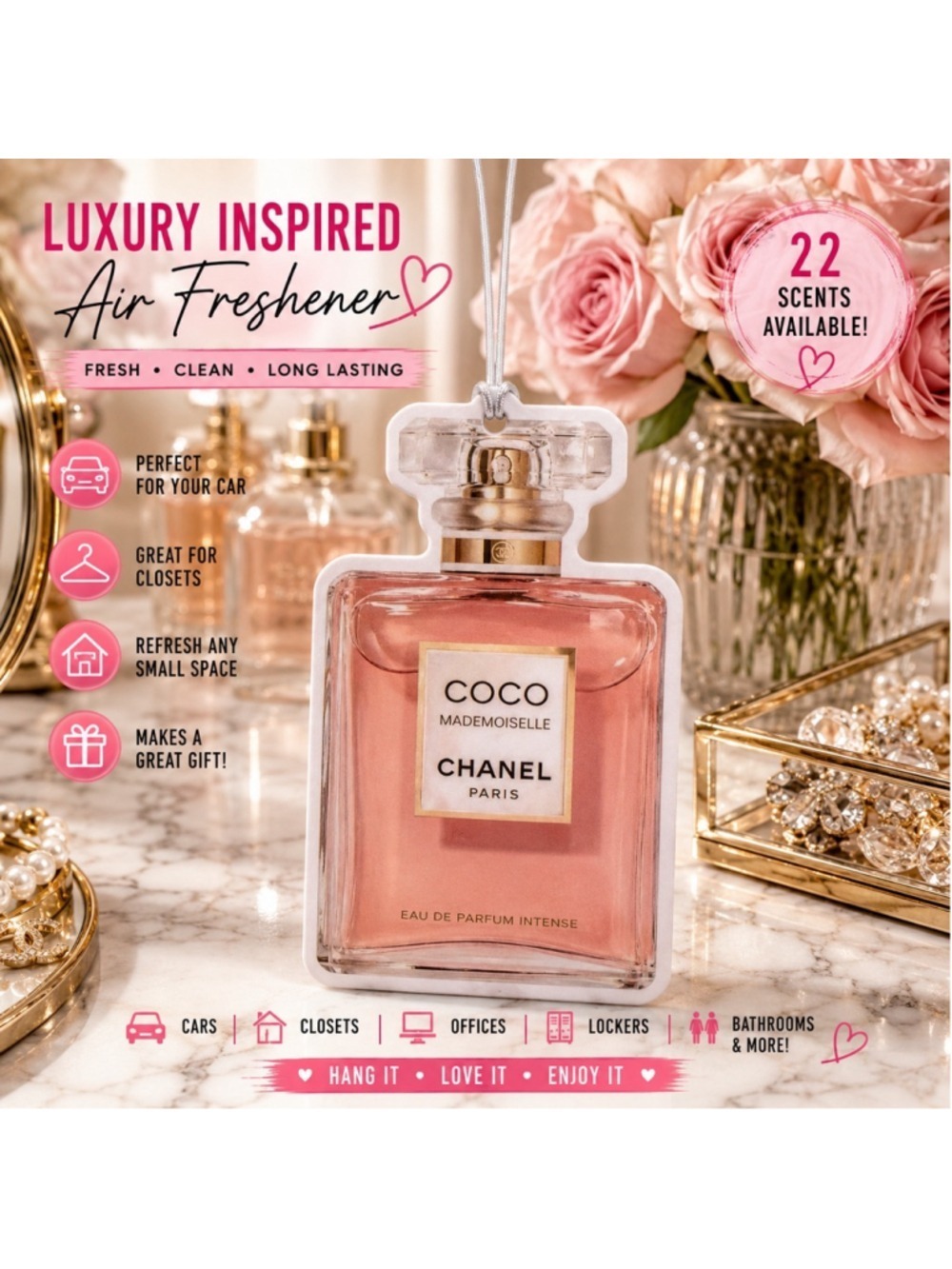 Luxury Inspired Pink Perfume Bottle Air Freshener Freshie Car Closet Office